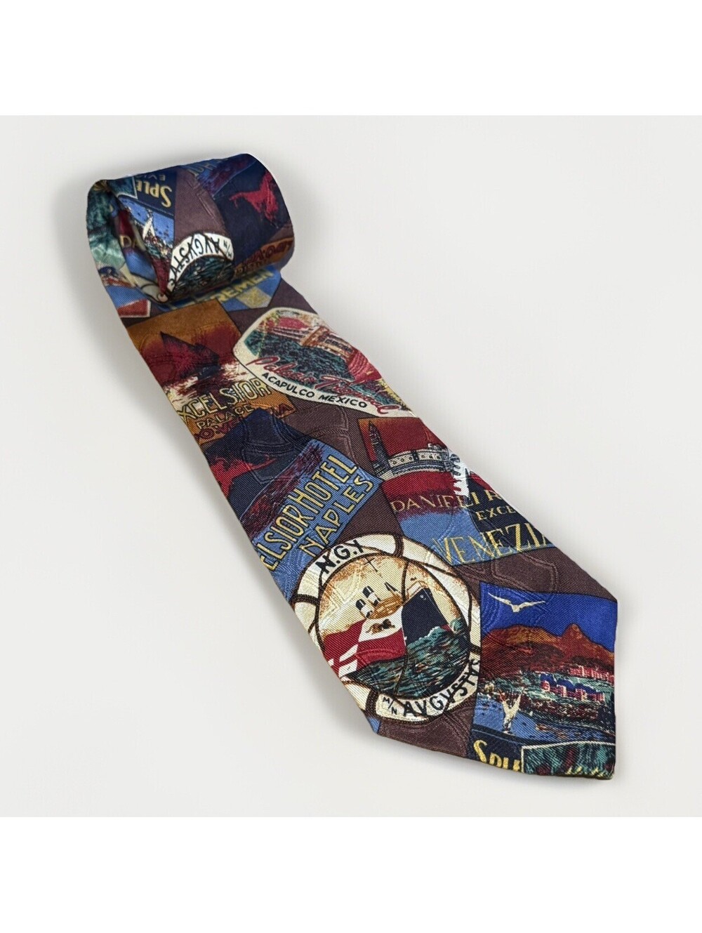 Vintage Polo Ralph Lauren WORLD TRAVEL Silk Neck Tie Acapulco Naples Red Necktie
